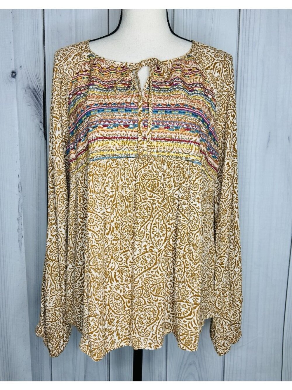 Savanna Jane Embroidered Shirt Peasant Southwest Floral Boho Sz L Tie Neck